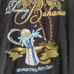 Tommy Bahama Silk Shirt 2XB measure twice putt once Black Embroidered golf xxl